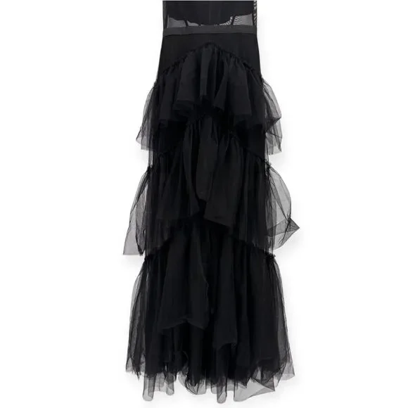 Betsy & Adam Black Off The Shoulder‎ Corset Tiered Tulle Evening Dress - Size 0